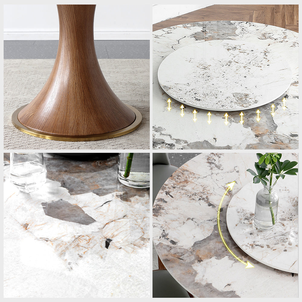 POVISON Round Dining Table with Lazy Susan Sintered Stone Walnut