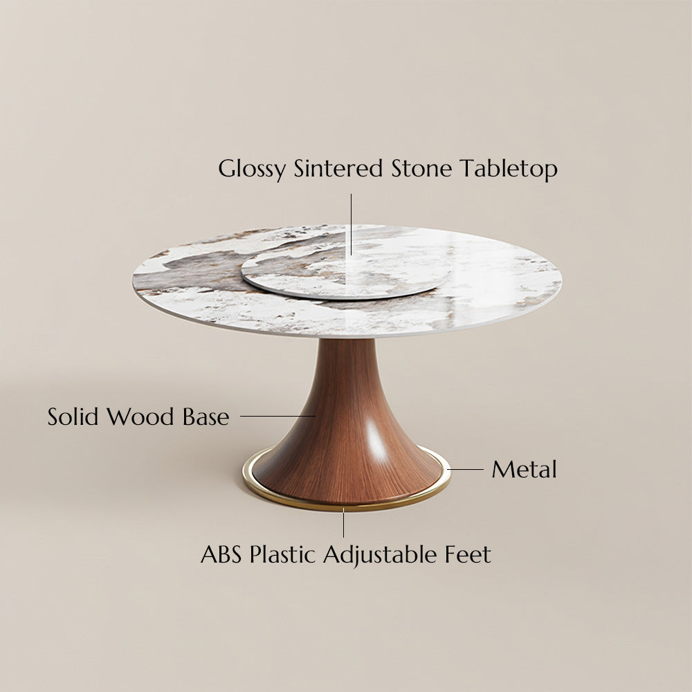 POVISON Round Dining Table with Lazy Susan Sintered Stone Walnut