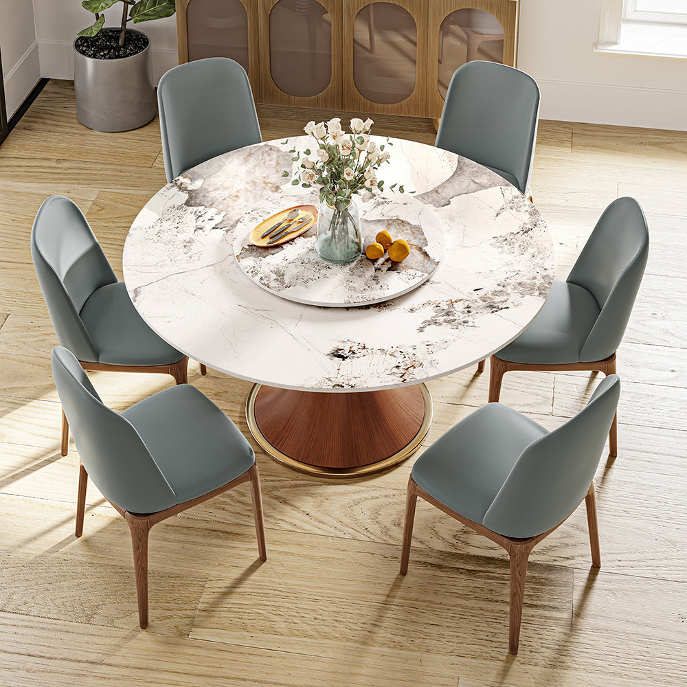 POVISON Round Dining Table with Lazy Susan Sintered Stone Walnut