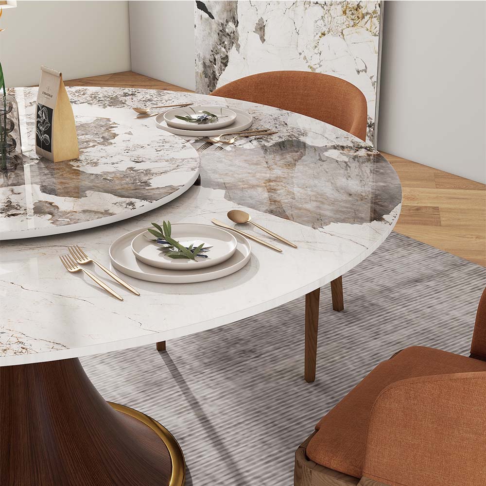 POVISON Round Dining Table with Lazy Susan Sintered Stone Walnut