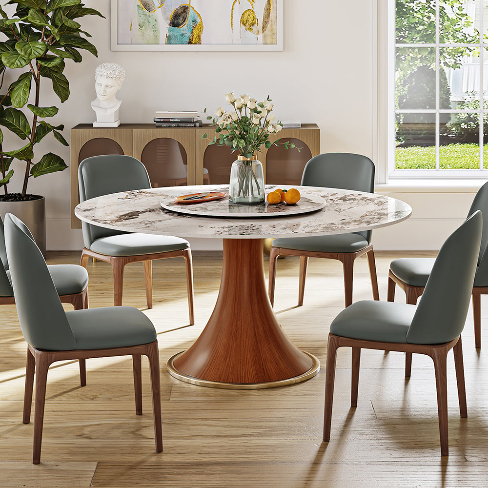 POVISON Round Dining Table with Lazy Susan Sintered Stone Walnut